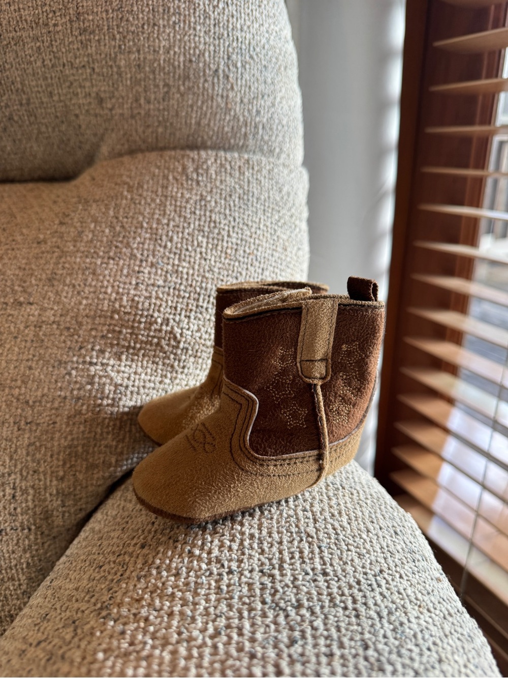Baby Suede Cowboy Boots with Velcro closure, size 3-6 months, never worn